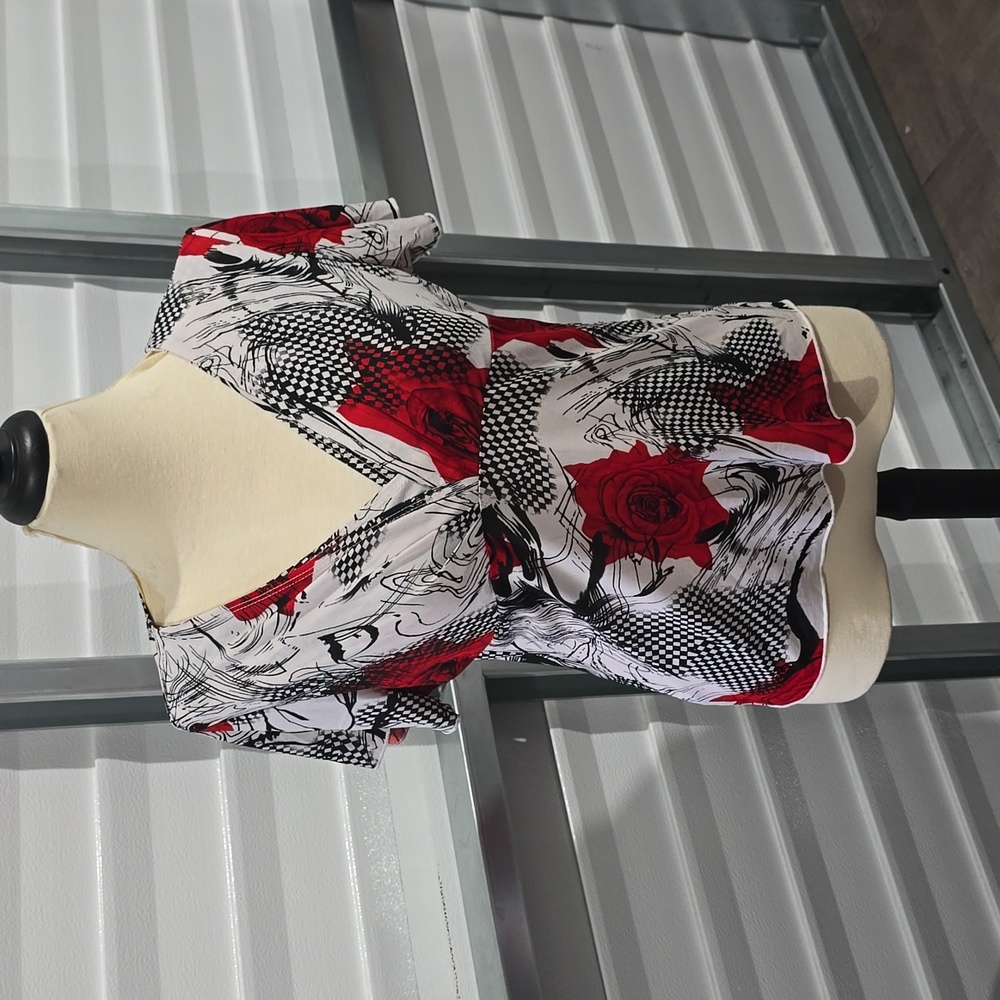 Black and white with red rose pattern ladies top